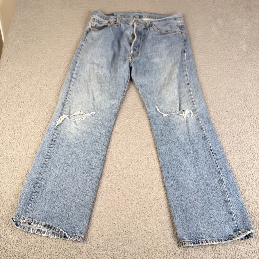 Levis 501 Jeans Mens 36x30 Light Wash Straight Leg Button Fly Distressed Denim